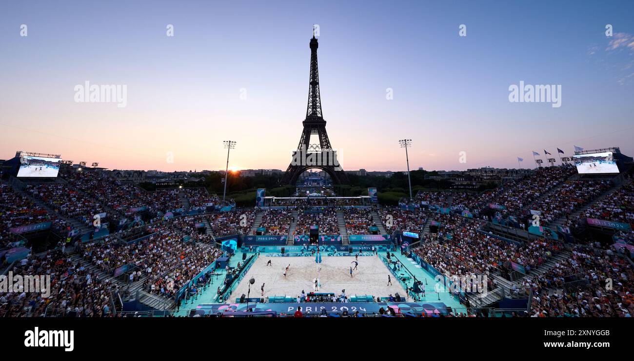 Czech Republic’s Ondrej Perusic and David Schweimer play Brazil’s Evandro Goncalves Oliveira Junior and Arthur Diego Mariano Lanci during the men’s Preliminary Phase - Pool E match at the Eiffel Tower Stadium, on the seventh day of the 2024 Paris Olympic Games in France. Picture date: Friday August 2, 2024. Stock Photo