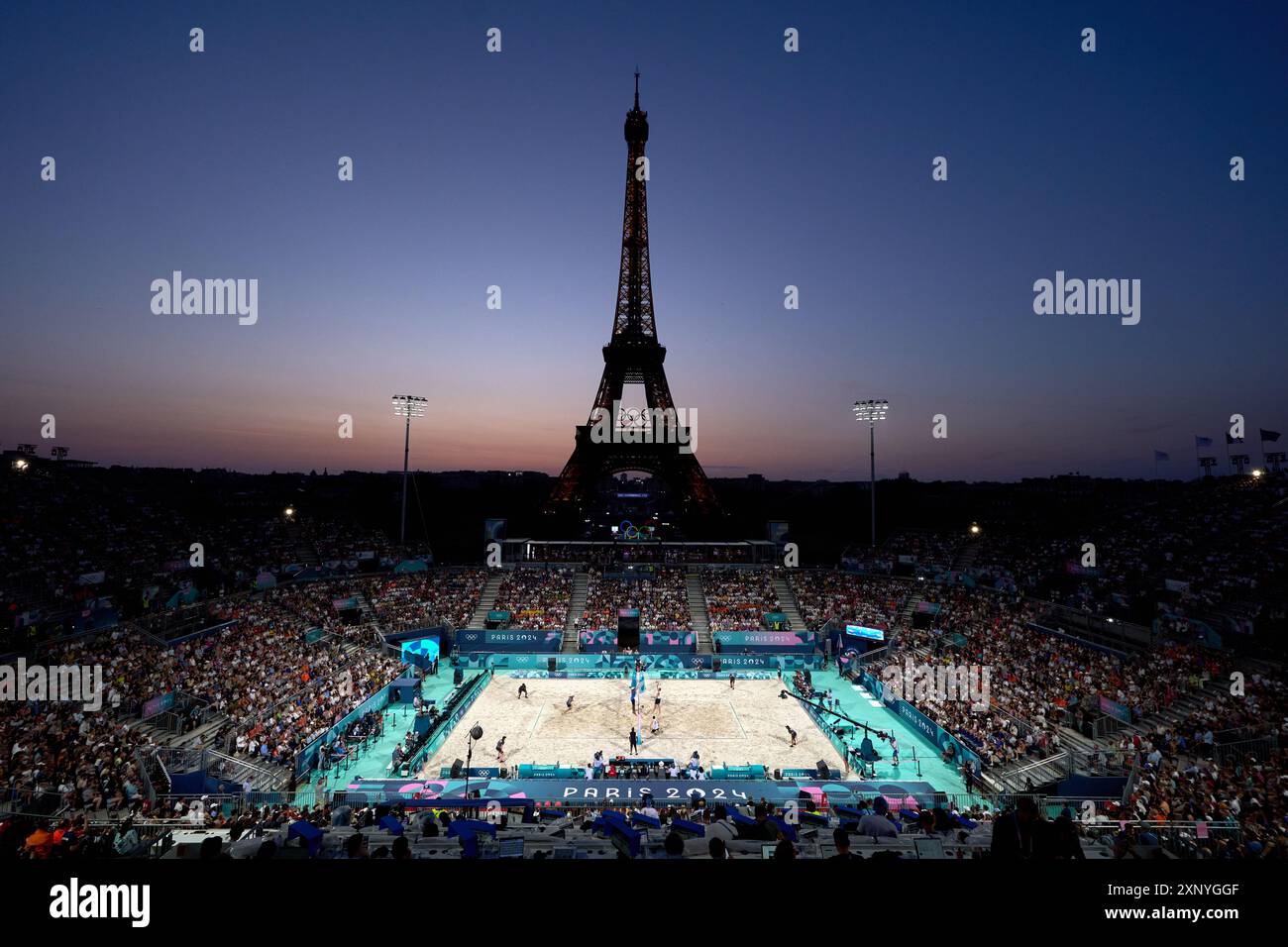 Czech Republic’s Ondrej Perusic and David Schweimer play Brazil’s Evandro Goncalves Oliveira Junior and Arthur Diego Mariano Lanci during the men’s Preliminary Phase - Pool E match at the Eiffel Tower Stadium, on the seventh day of the 2024 Paris Olympic Games in France. Picture date: Friday August 2, 2024. Stock Photo