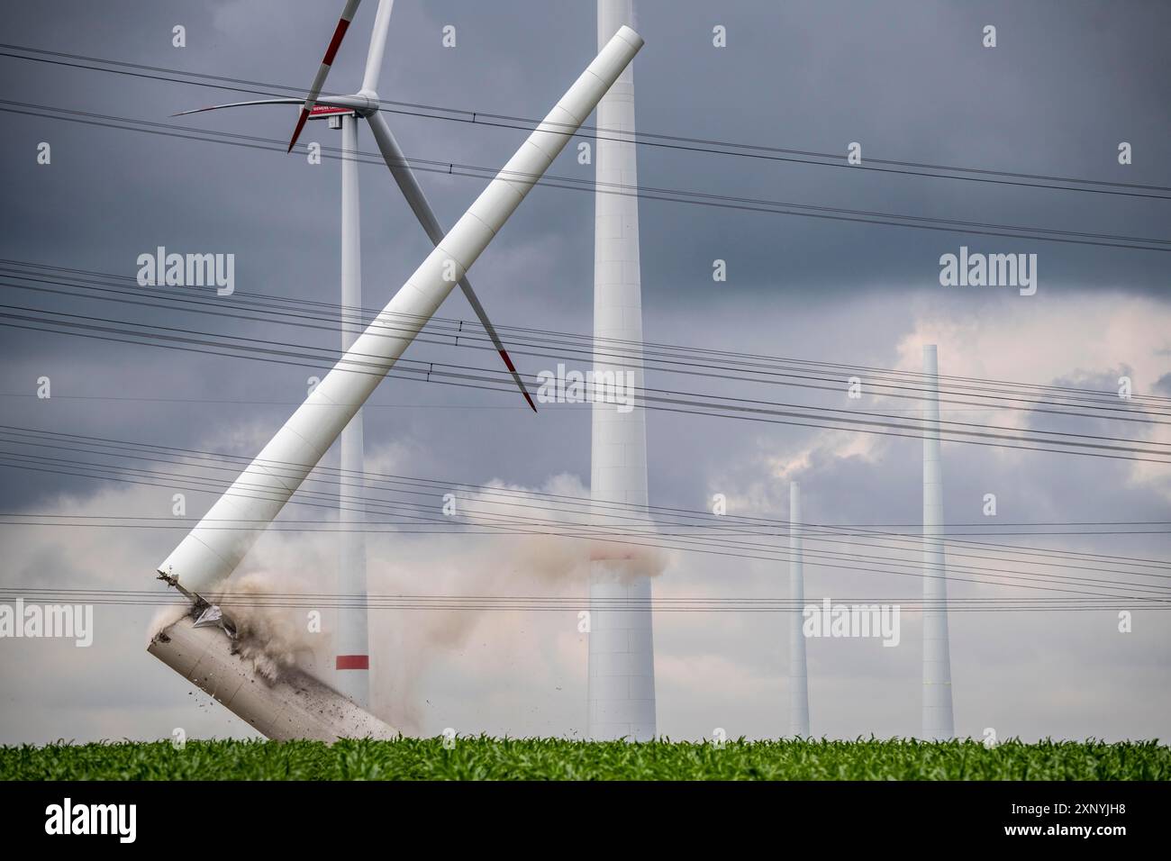 Demolition of the tower of a 20 year old wind turbine, in the Werl wind ...