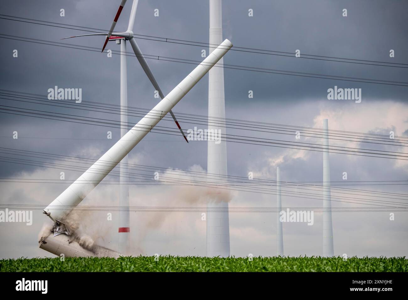 Demolition of the tower of a 20 year old wind turbine, in the Werl wind ...