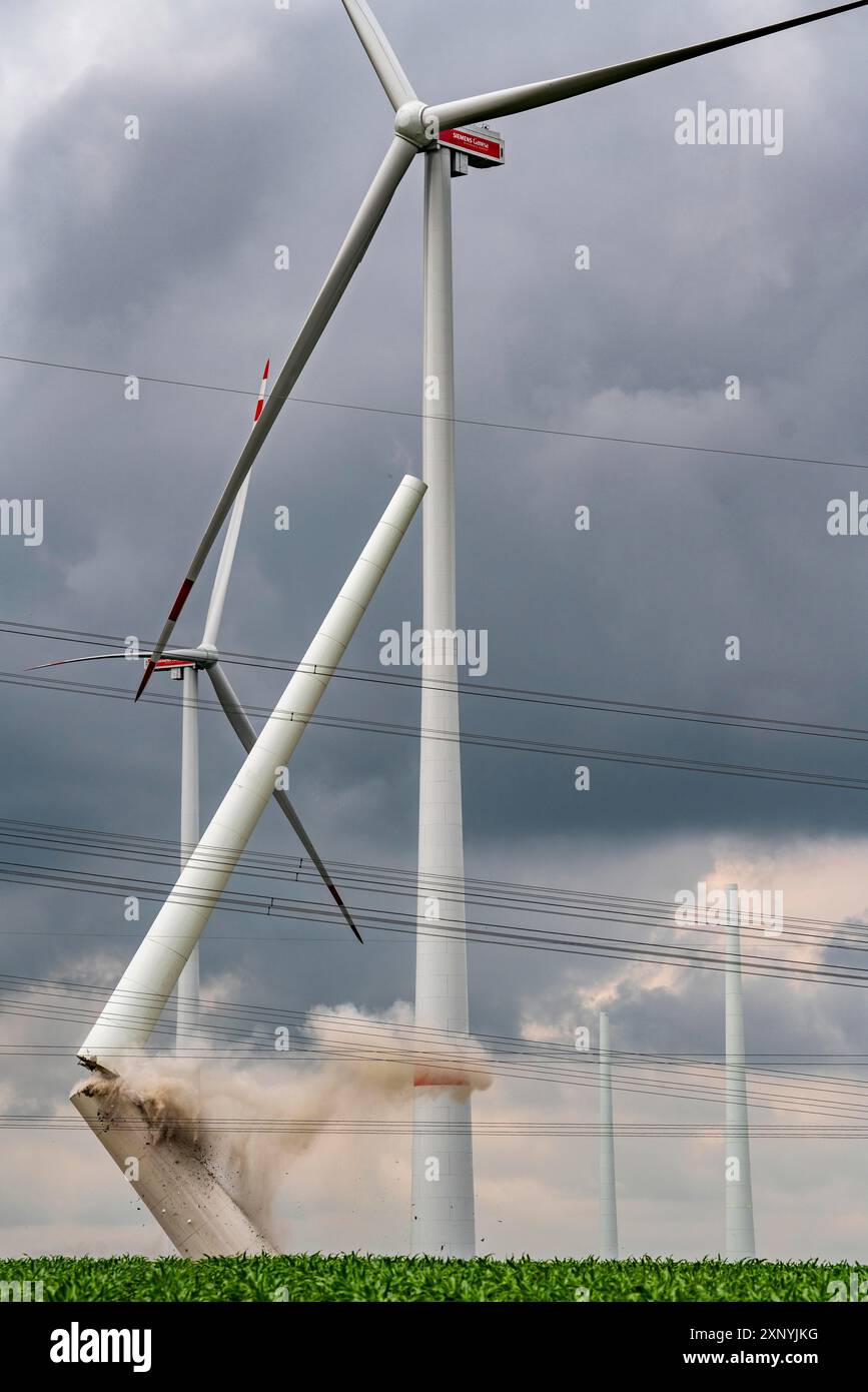 Demolition of the tower of a 20 year old wind turbine, in the Werl wind ...