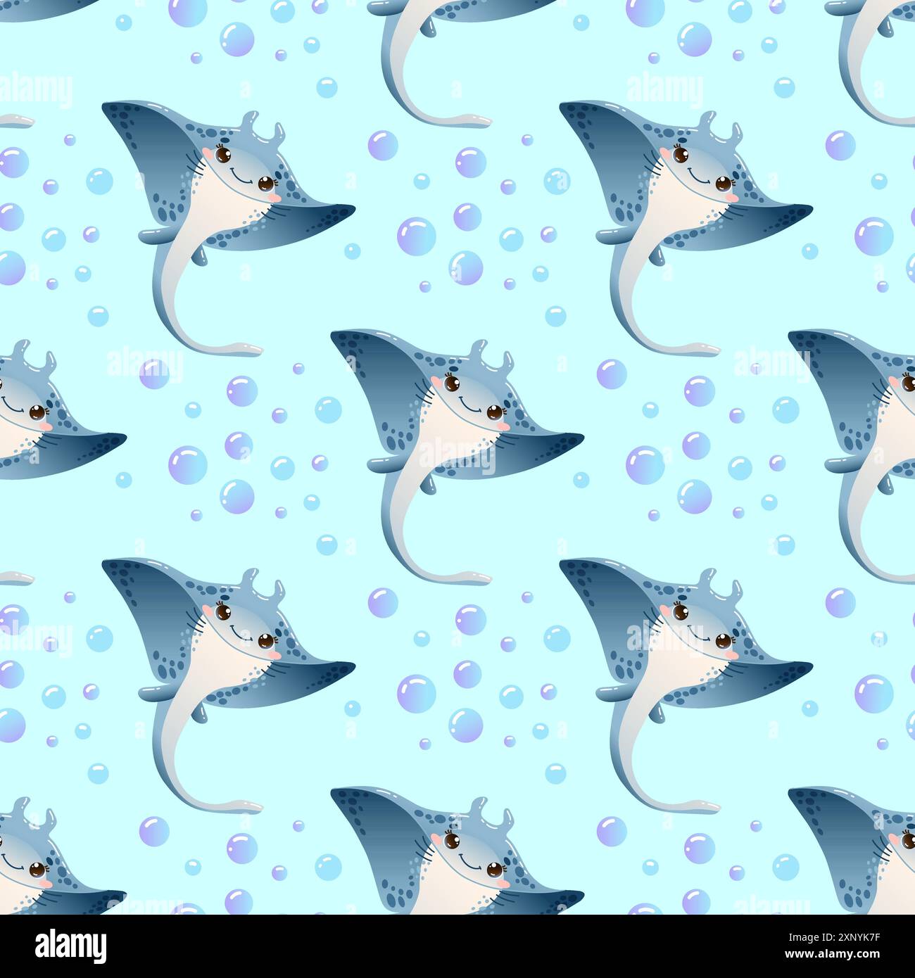 Adorable seamless vector pattern featuring cute cartoon stingrays and bubbles on a light blue background Stock Vector