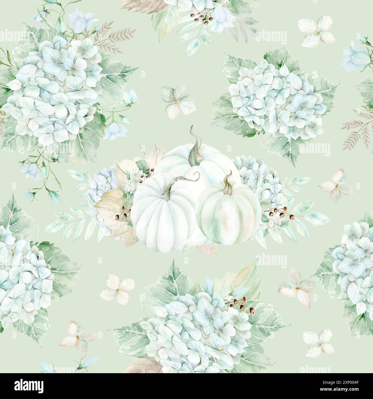 Blue Hydrangea, white Pumpkins, snowberry and field Bellflower. Seamless pattern on a green background. Watercolor illustration in pastel colors. The drawing is hand drawn. Suitable for cards, invitations and textiles Stock Photo