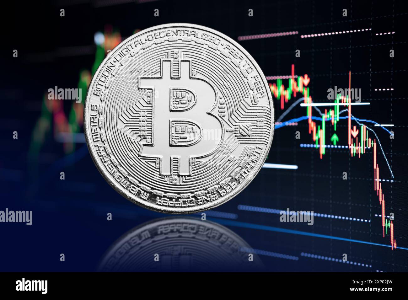 Bitcoin coin and stock chart background with price falling ...