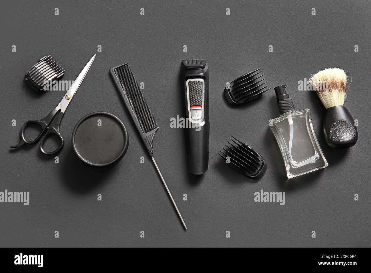 Modern trimmer and shaving accessories on black background Stock Photo