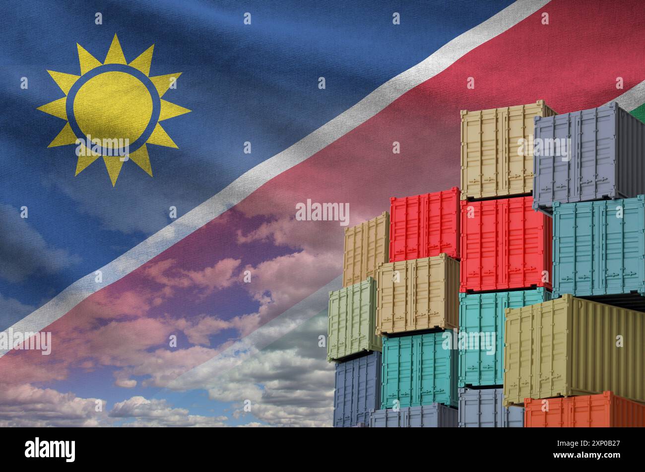 Namibia flag and big stack of shipping cargo containers in docks with ...