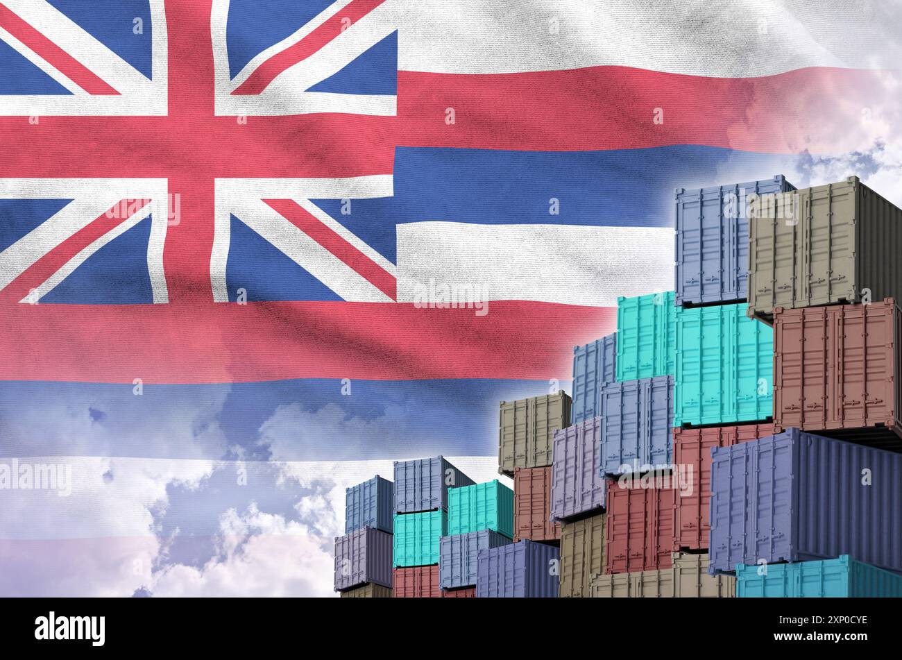 Hawaii US state flag and big stack of shipping cargo containers in ...