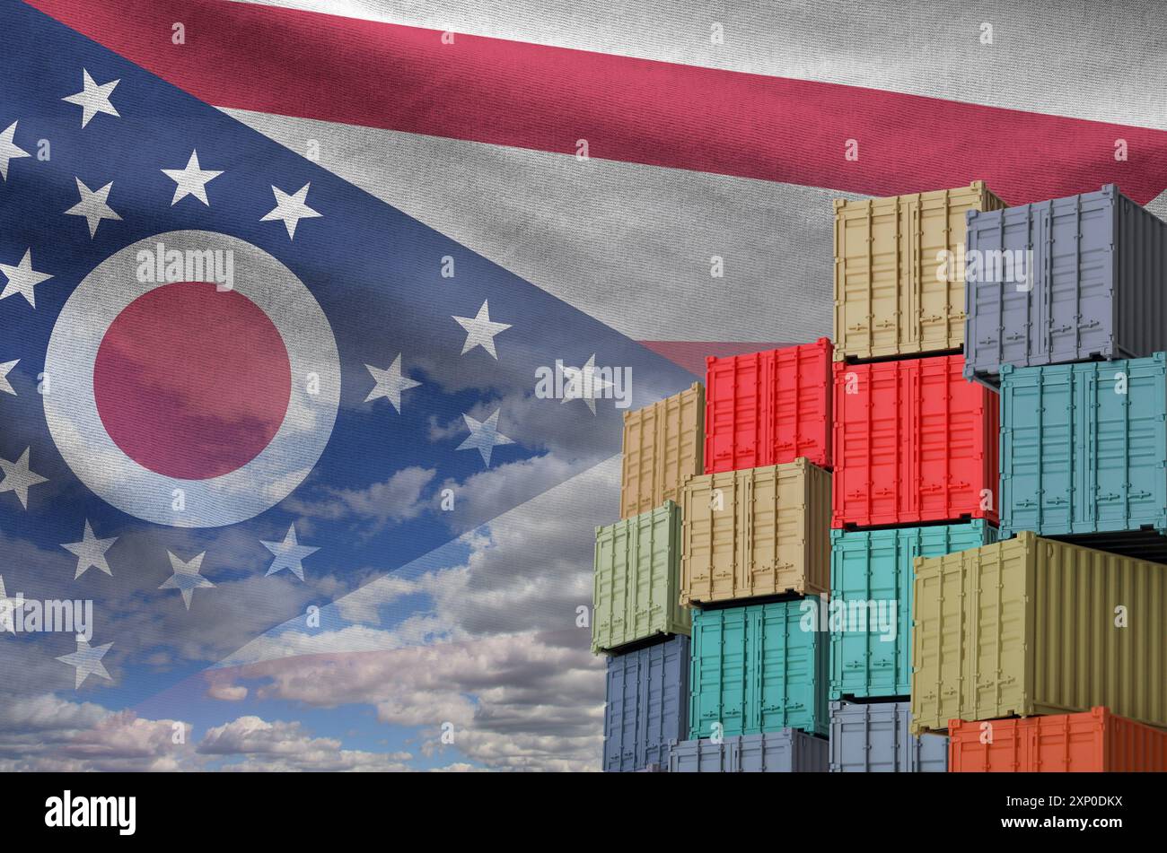 Ohio US state flag and big stack of shipping cargo containers in docks ...
