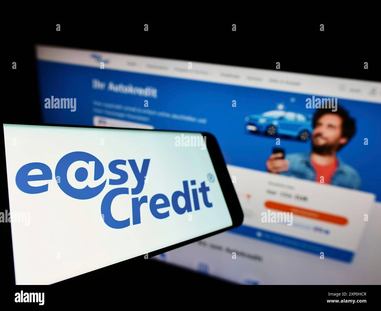 Stuttgart, Germany, 02132022 Mobile phone with logo of German credit