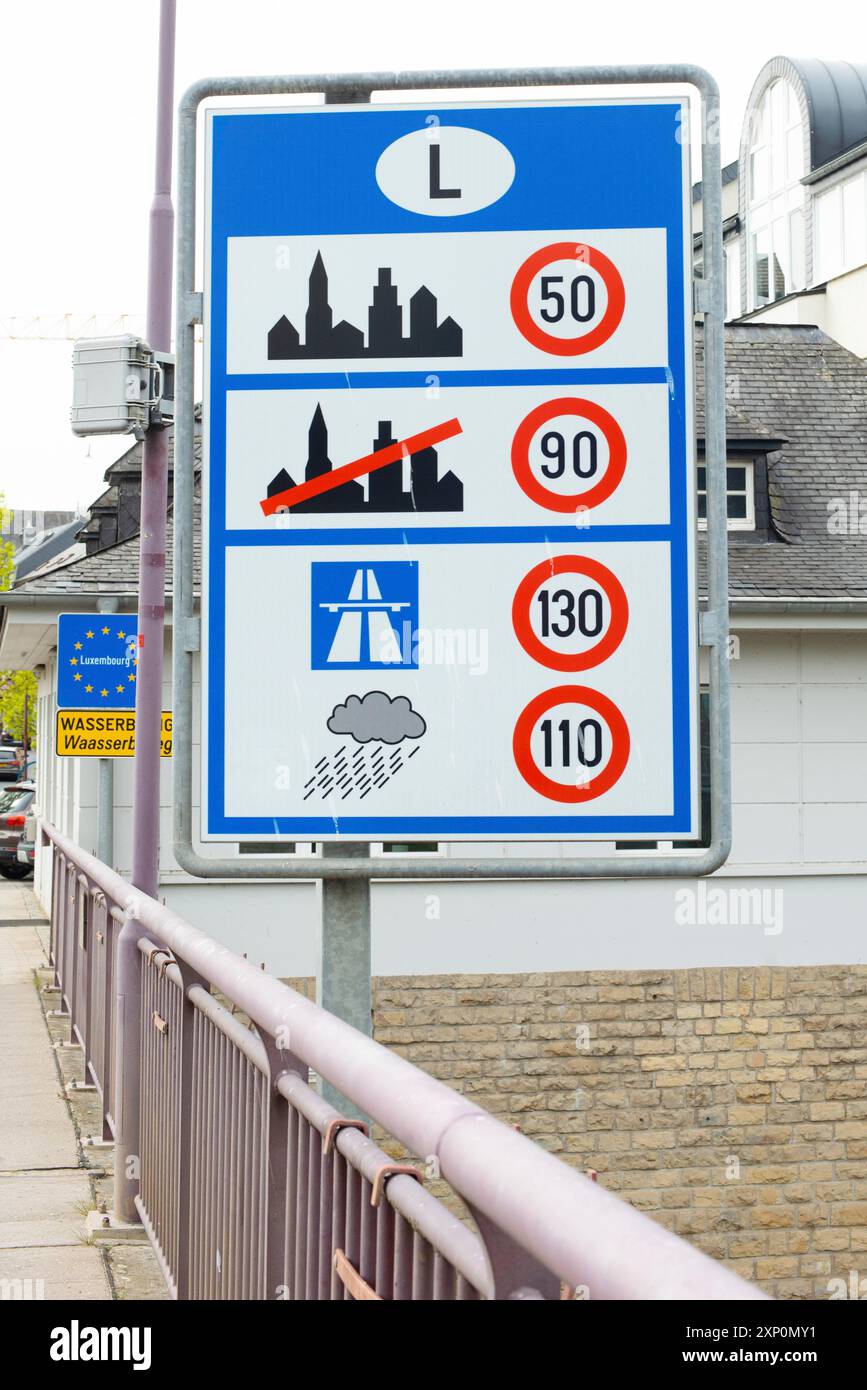 Luxembourg road sign with the speed limits, crossing frontier to the ...