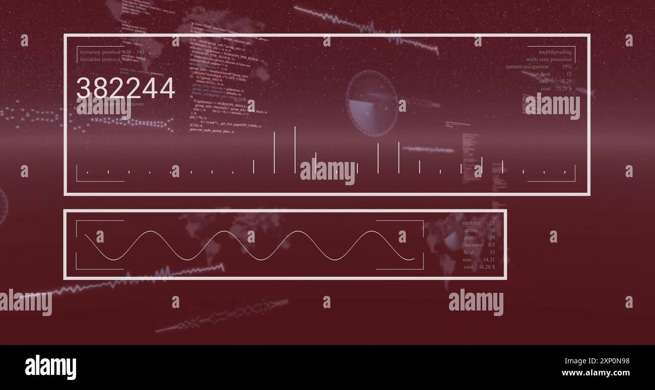 Data visualization and analysis over red background with numerical and ...