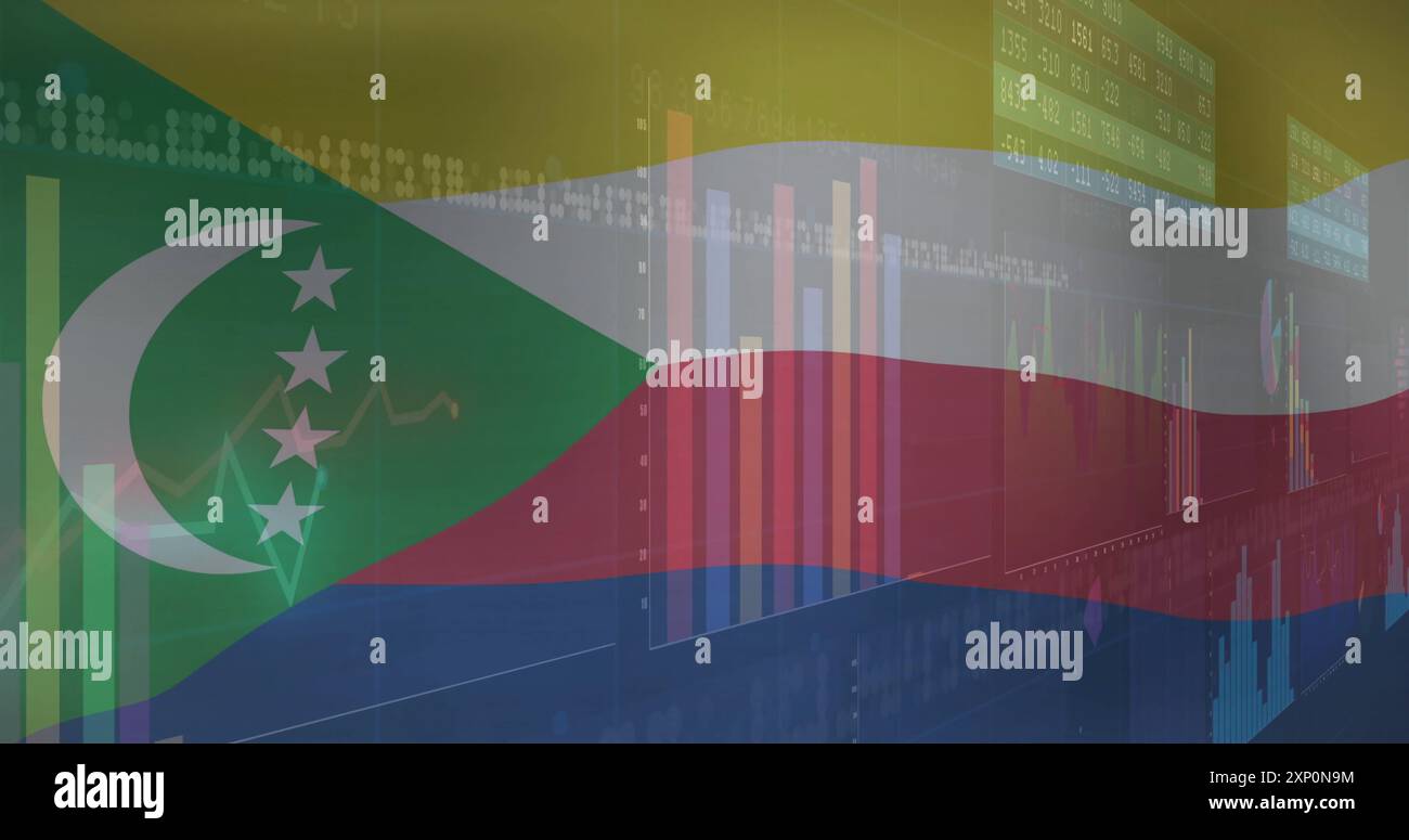 Financial data charts image over Comoros flag Stock Photo