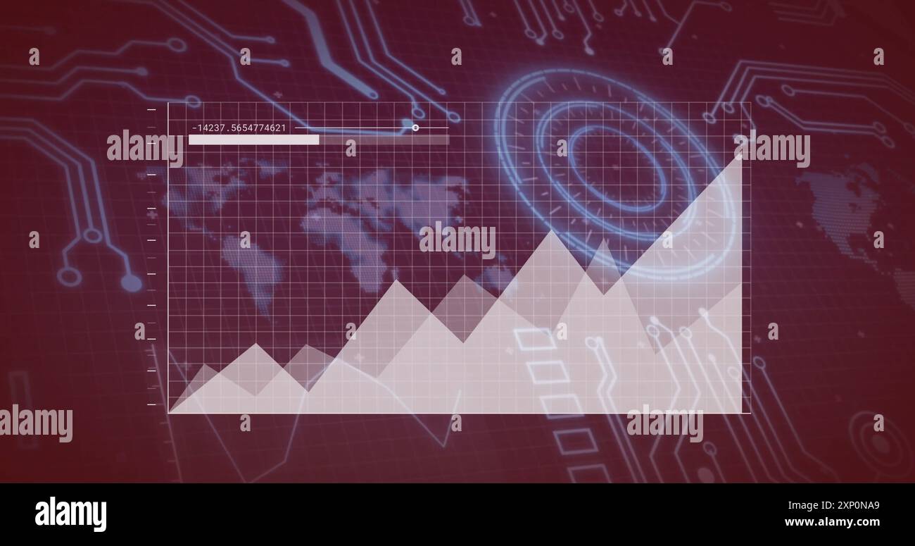 Graph with rising trend over digital world map and circuit board image ...
