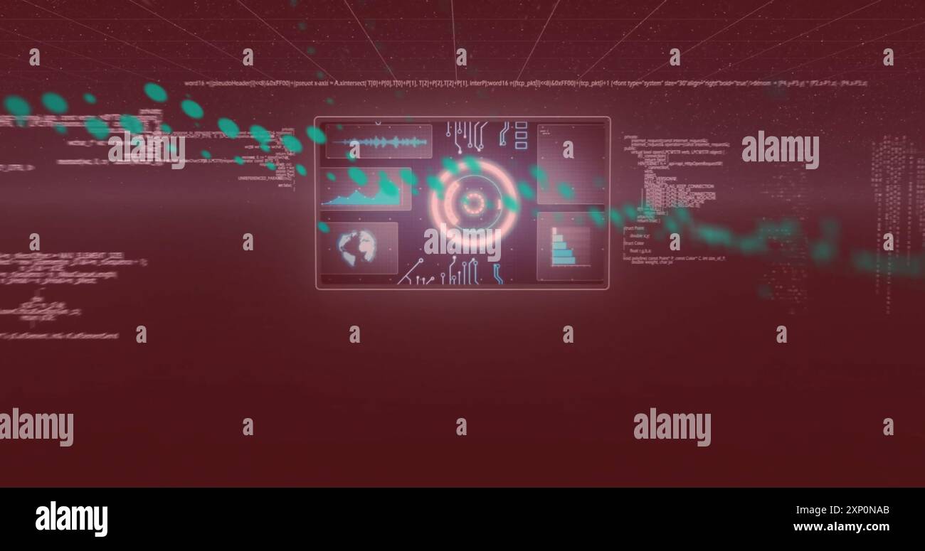 Futuristic data processing image with graphs and circular interface over red background Stock Photo