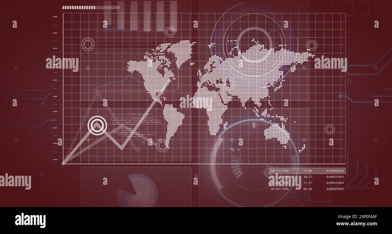 World map with data points and graphs, financial data processing image Stock Photo
