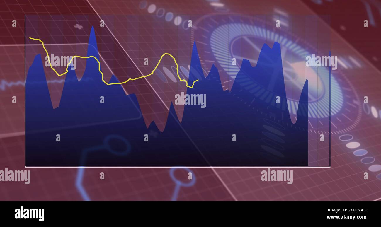 Financial data chart with fluctuating lines over digital interface image Stock Photo