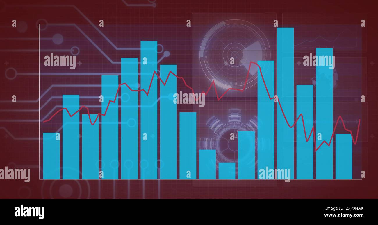 Bar and line graph image over digital circuit board background stock