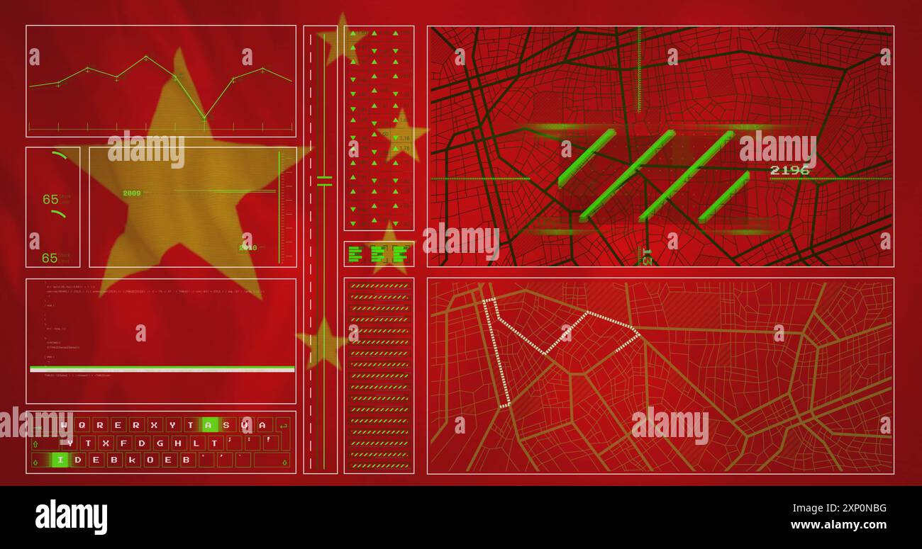 Data analysis and mapping image over red background with Chinese flag elements Stock Photo
