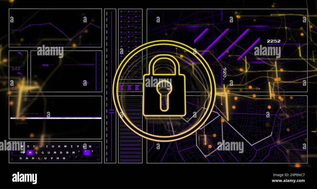 Image of data processing and padlock icon over dark background Stock Photo