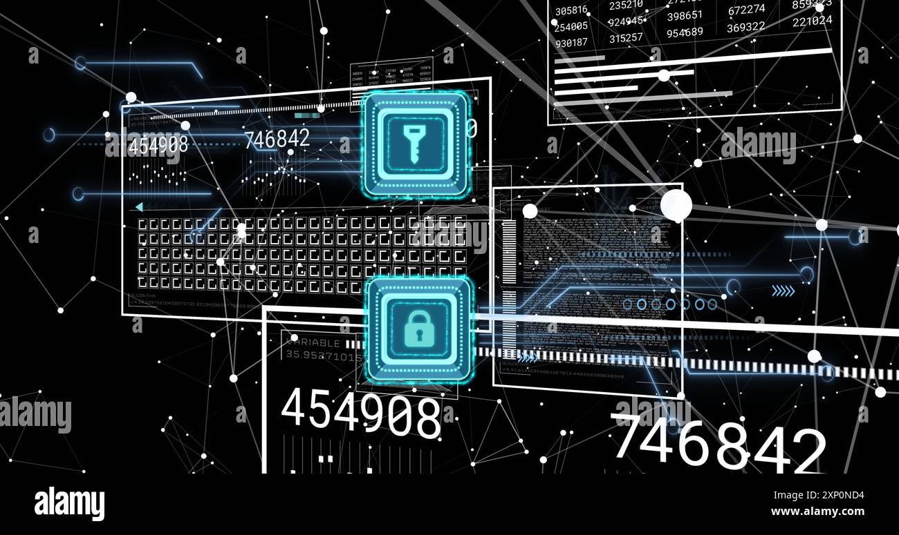 Image of data processing and padlock and key icons over dark background ...