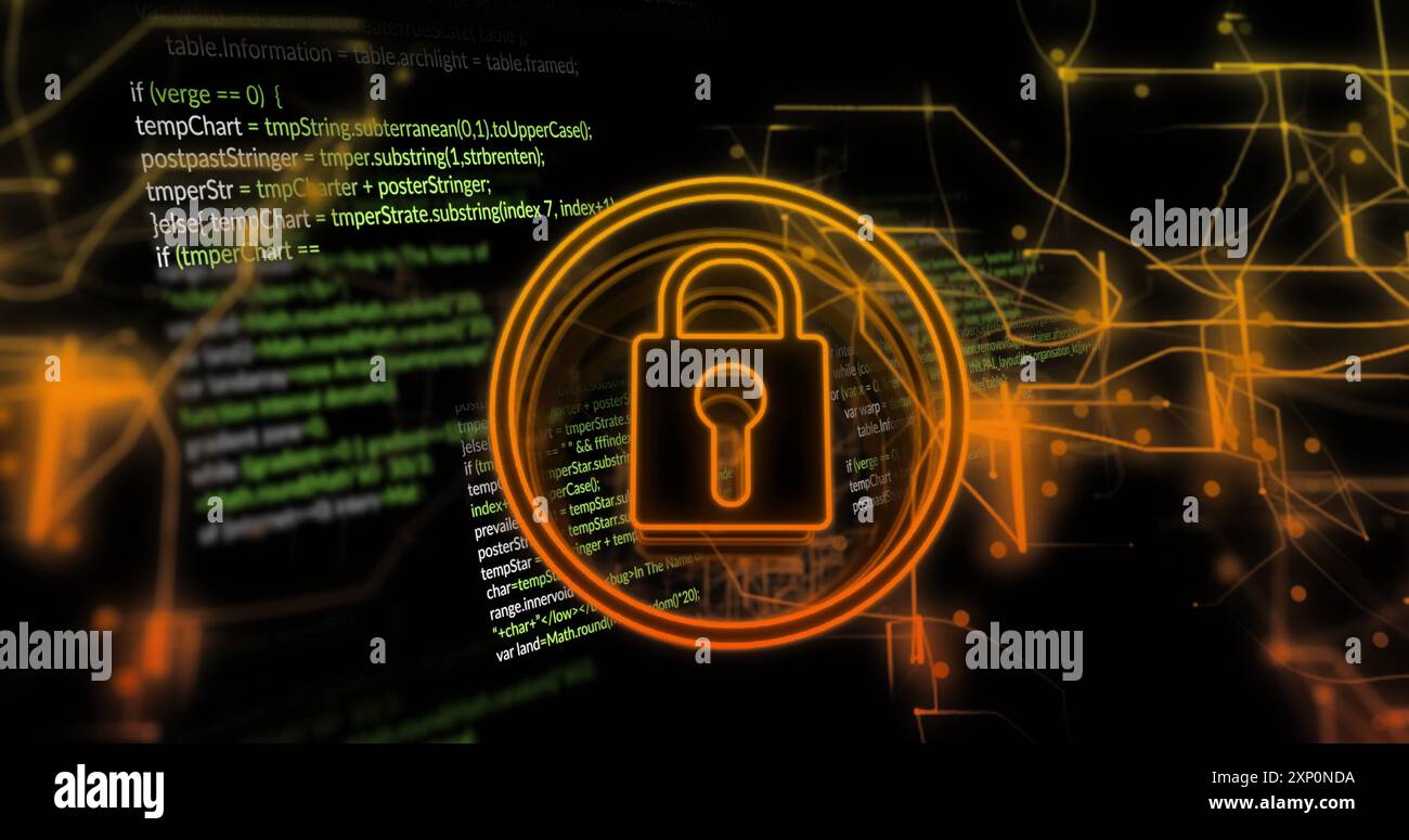 Image of data processing and padlock icon over dark background Stock ...