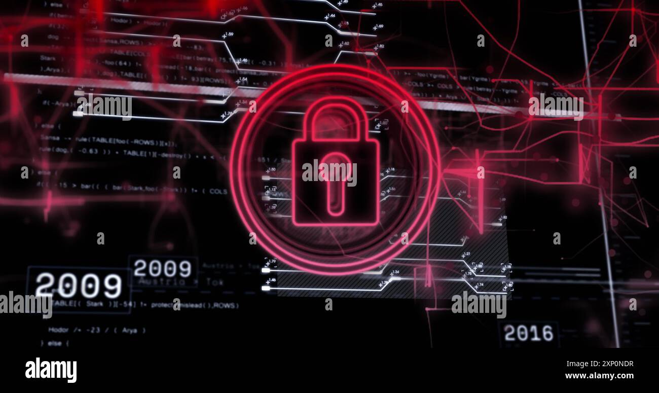 Image of data processing and padlock icon over dark background Stock ...