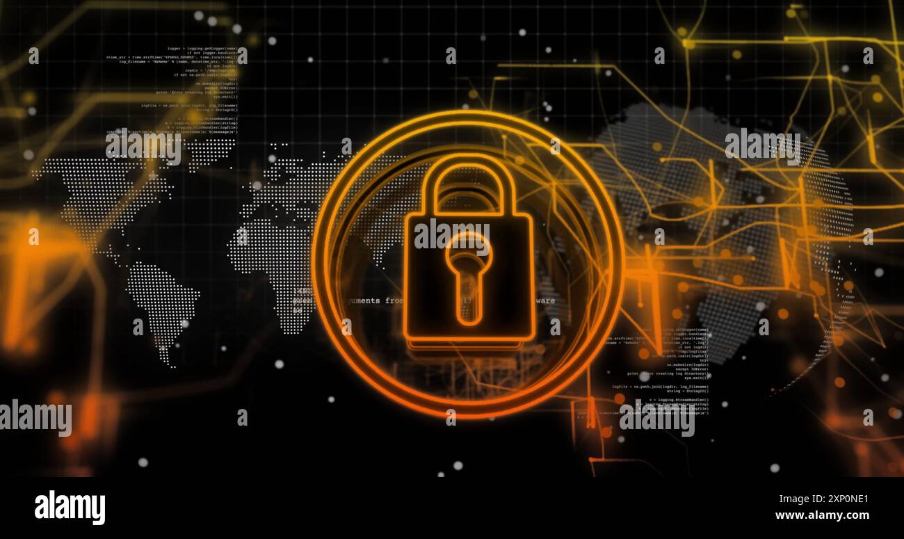 Image of data processing and padlock icon over dark background Stock ...