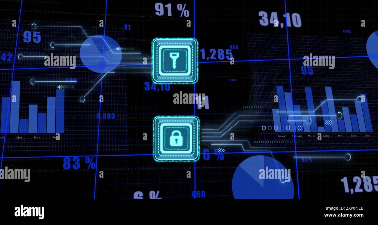 Image of data processing and padlock and key icons over dark background ...