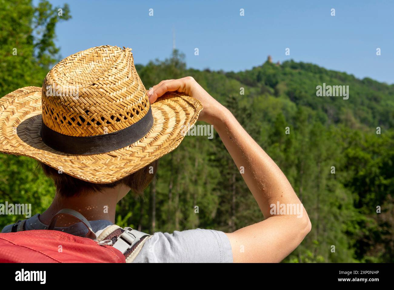 Woman with brown hair and gray t-shirt, holding her straw hat while looking at castle Auerbach on top of a hill, rear view, Bensheim, Germany Stock Photo