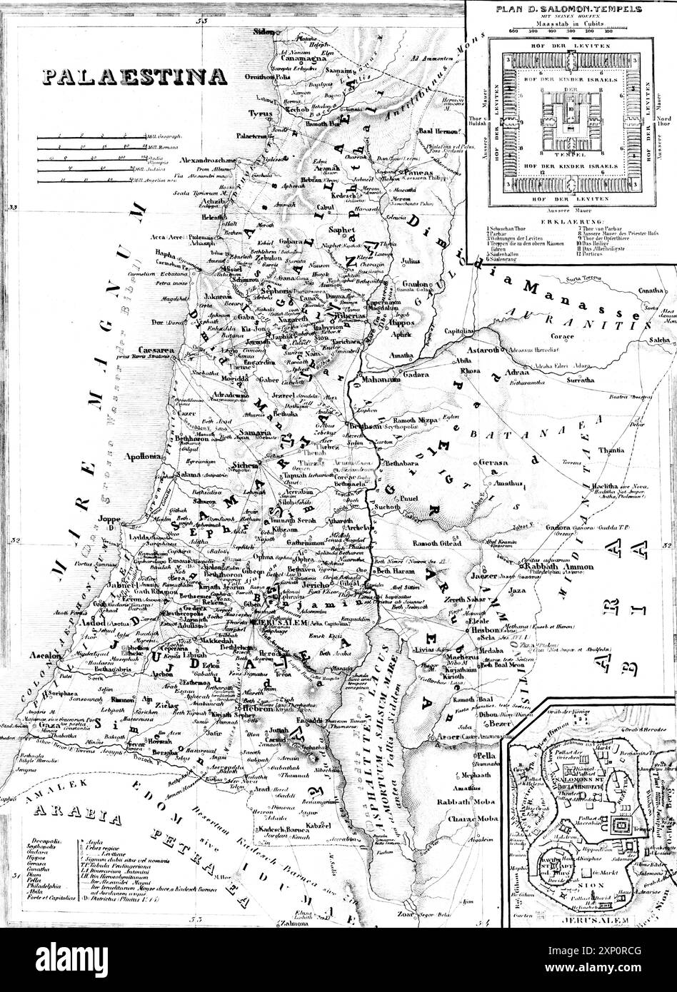 Topographical map of Palestine in biblical times with different scales, mountains, cities, lakes