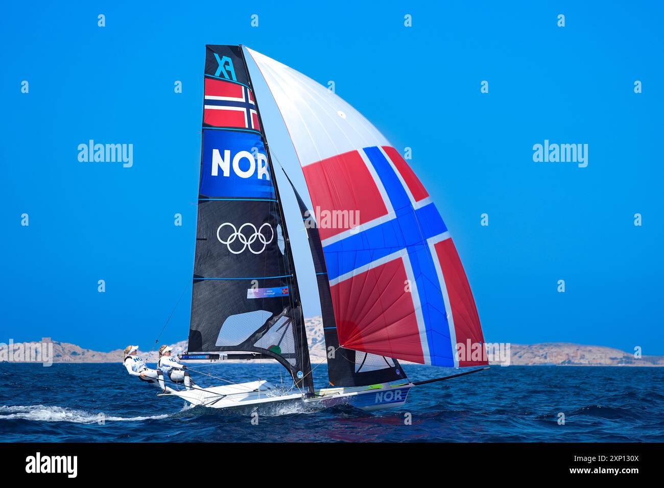 Helene Naess and Marie Roenningen (Norway), Sailing, Women&#39;s Skiff during the Olympic Games Paris 2024 on 2 August 2024 at Marseille Marina in Marseille, France Stock Photo