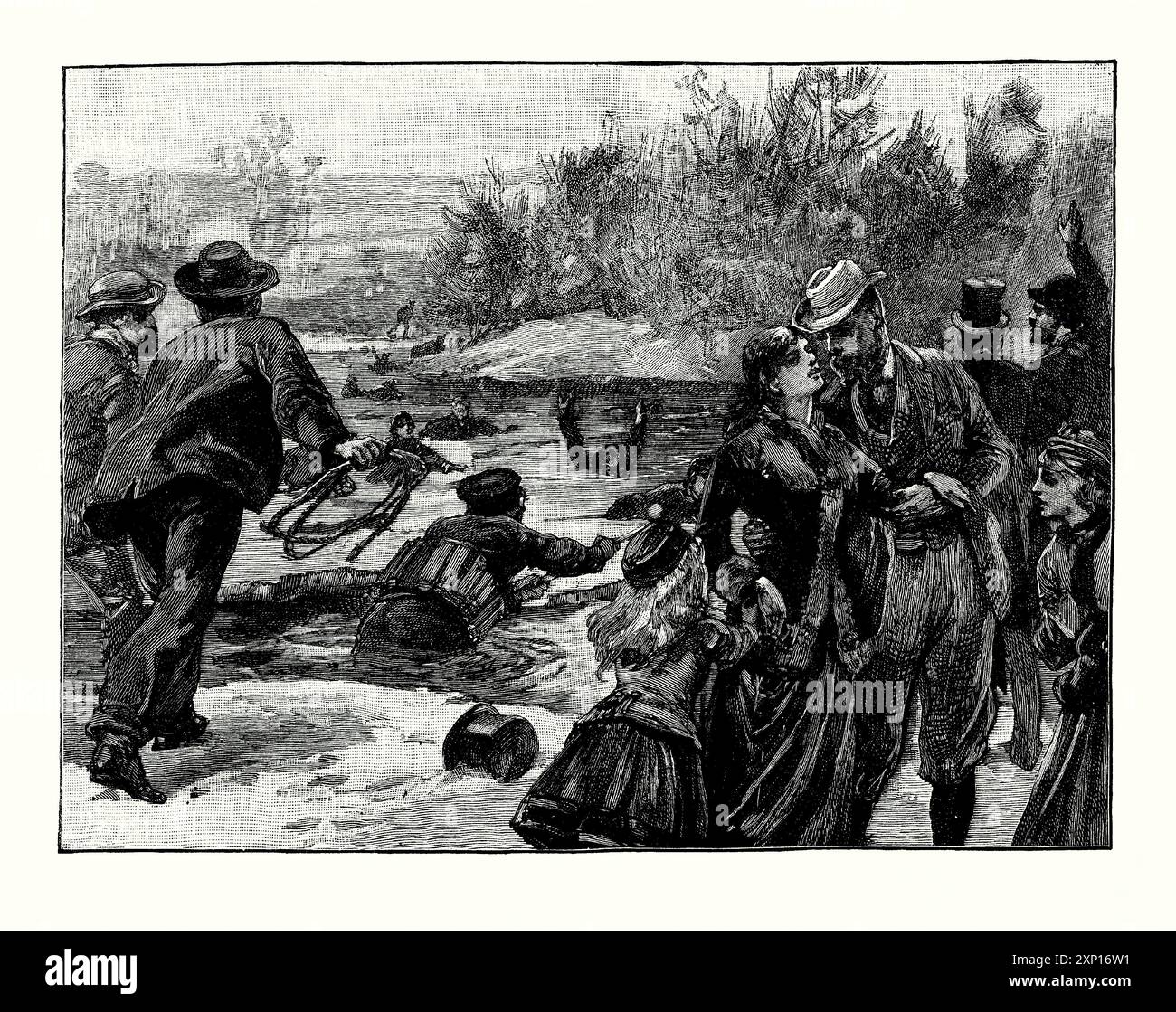 An old engraving of rescue attempts being made at the Regent’s Park skating disaster in London, England, UK on 15 January 1867 when 40 people died. It is from a Victorian history book of c.1900. The ice broke on the lake in London’s Regent’s Park pitching about 200 people into icy water up to 12 ft (3.7 m) deep. Most were rescued by bystanders but 40 people died either from hypothermia or by drowning. Stock Photo