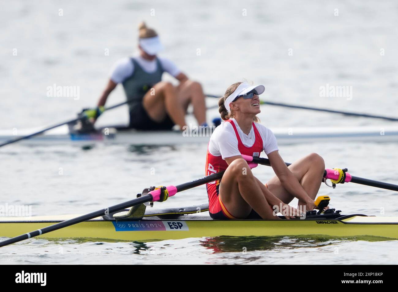 Virginia Diaz Rivas, of Spain, reacts after the women's single sculls ...