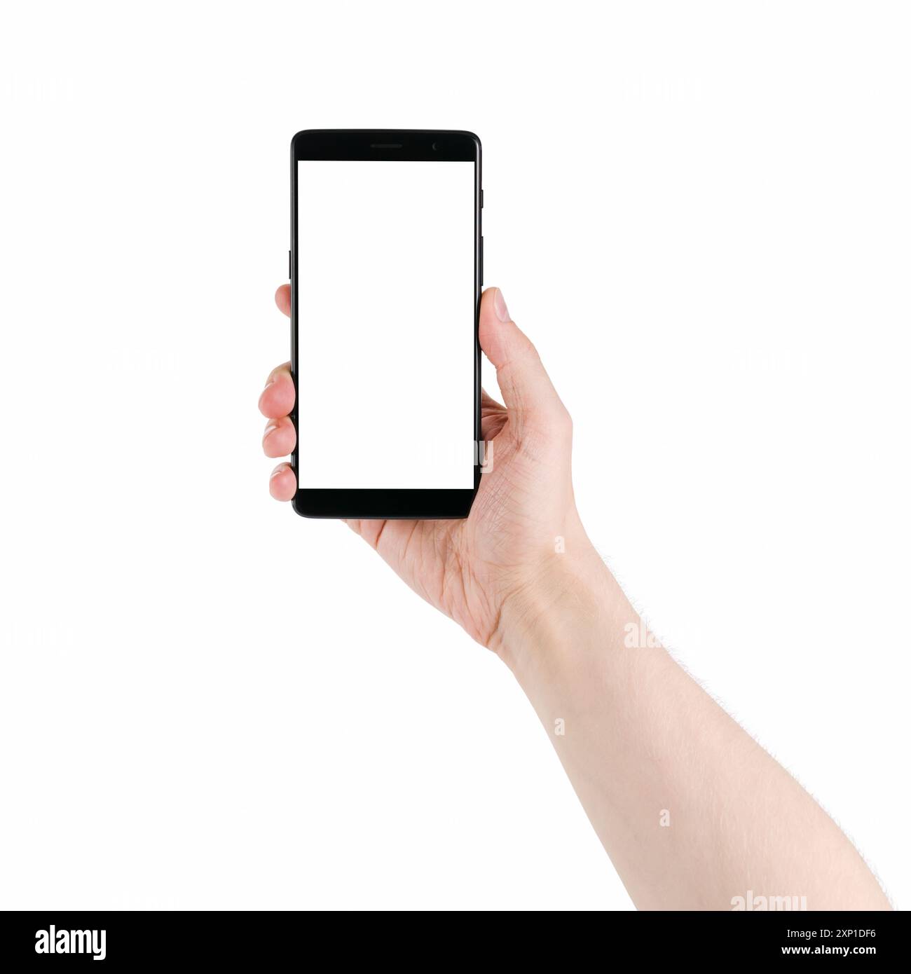 man hand holding smartphone with white screen isolated on white ...
