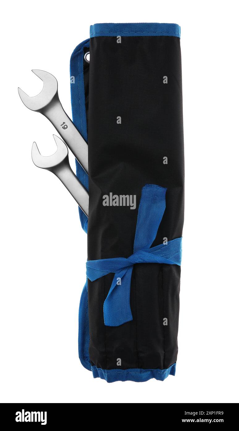 Set of ratcheting wrenches isolated on white, top view. Auto mechanic ...