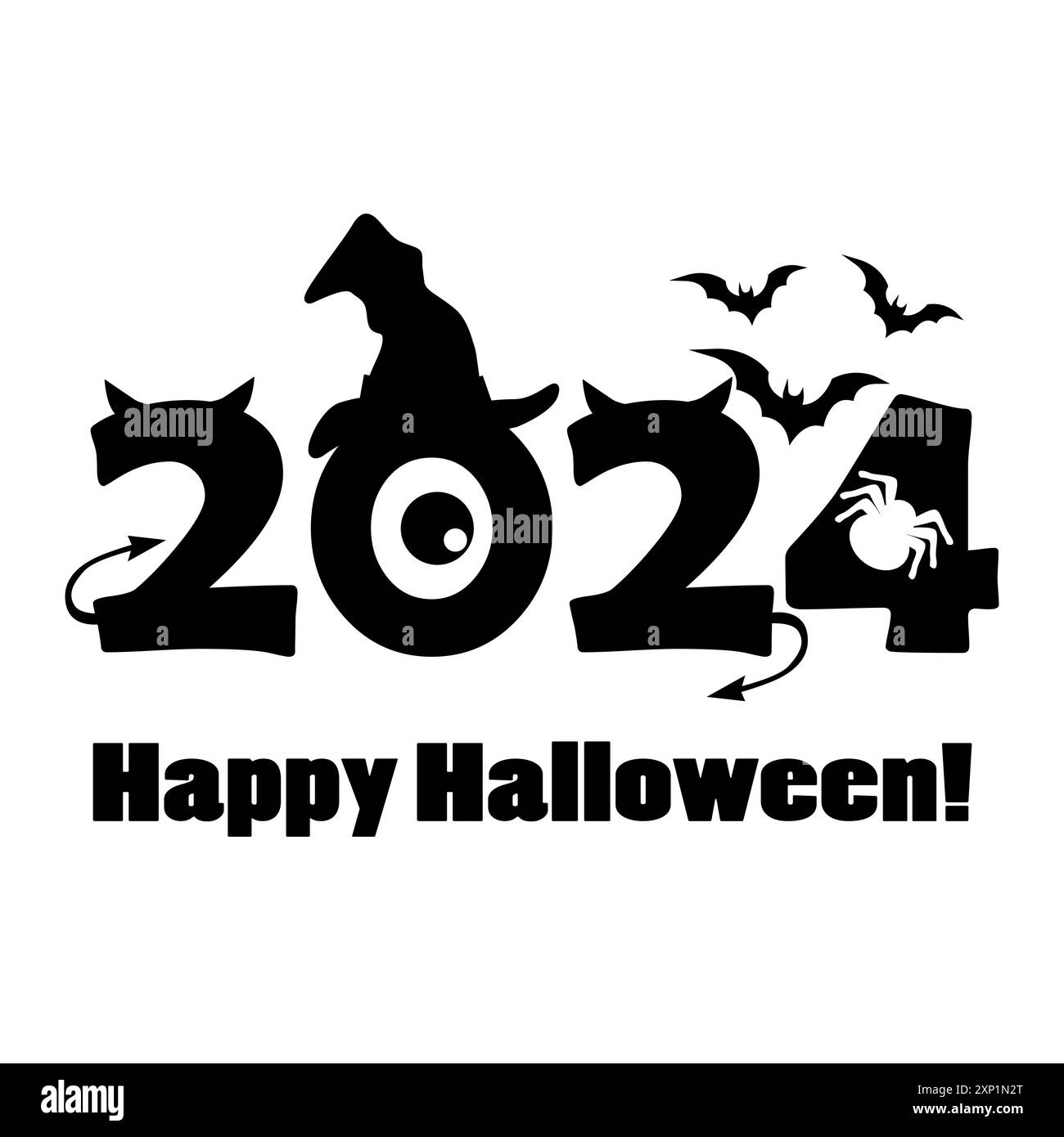 Halloween vector illustration with 2025, bat, spider,eye and Happy