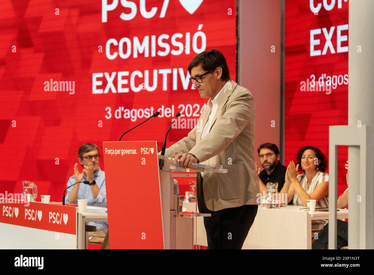 Barcelona, Spain. 03rd Aug, 2024. Press conference by Salvador Illa to evaluate the agreements reached with ERC and the commons, making it possible for Salvador Illa to become president of the Generalitat. Conferencia de prensa de Salvador Illa para valorar los acuerdos alcanzados con ERC y comunes, lo que hace posible que Salvador Illa pueda ser presidente de la Generalitat. IN THE PIC: salvador illa, News Politics -Barcelona, Spain saturday, August 3, 2024 (Photo by Eric Renom/LaPresse) Credit: LaPresse/Alamy Live News Stock Photo