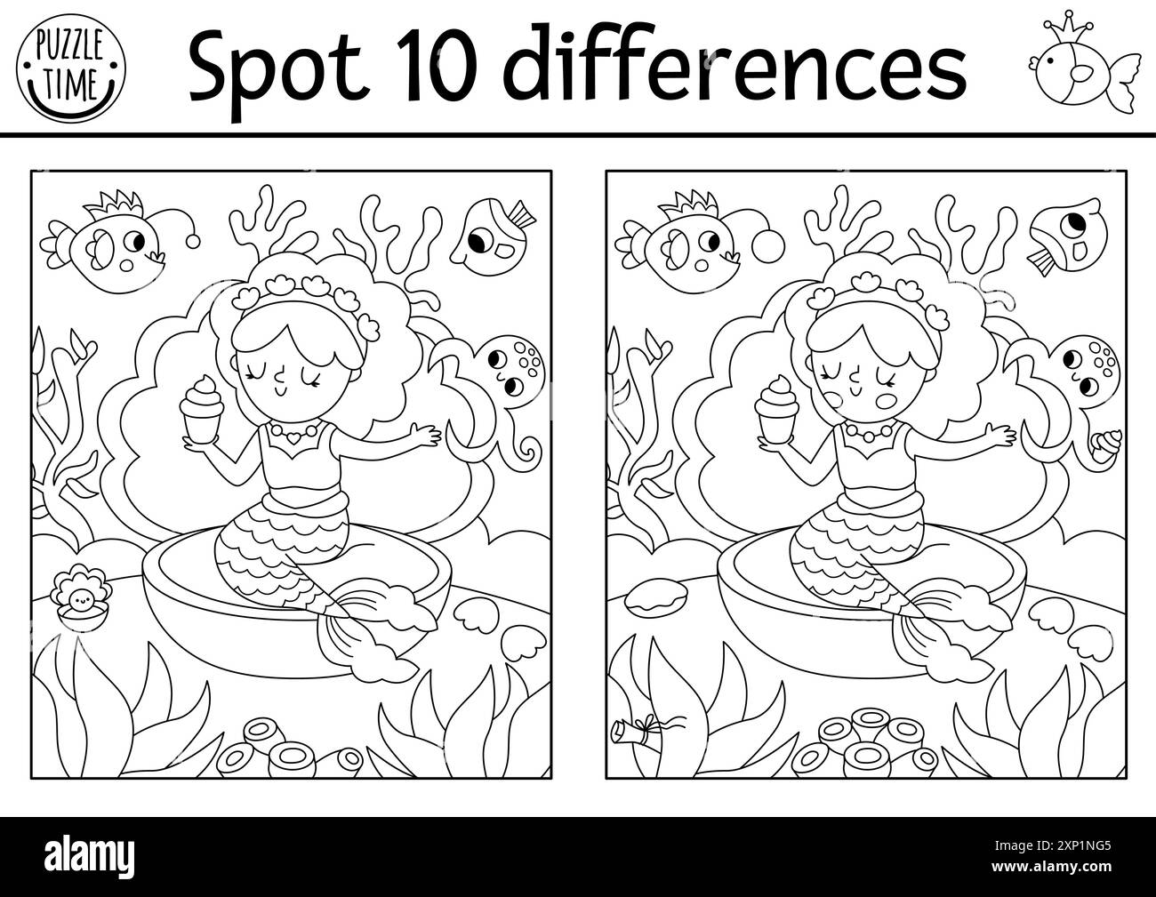 Find differences game for children. Mermaid black and white educational ...