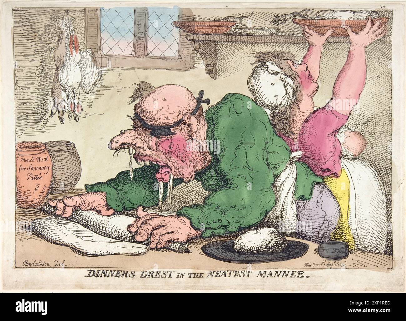 A humorous cartoon print coloured engraving of the Dinners dressed in ...