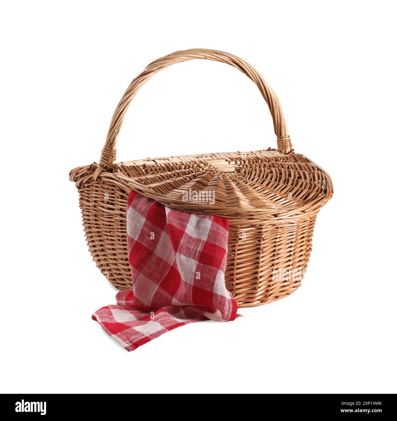 One picnic wicker basket with checkered napkin isolated on white Stock ...