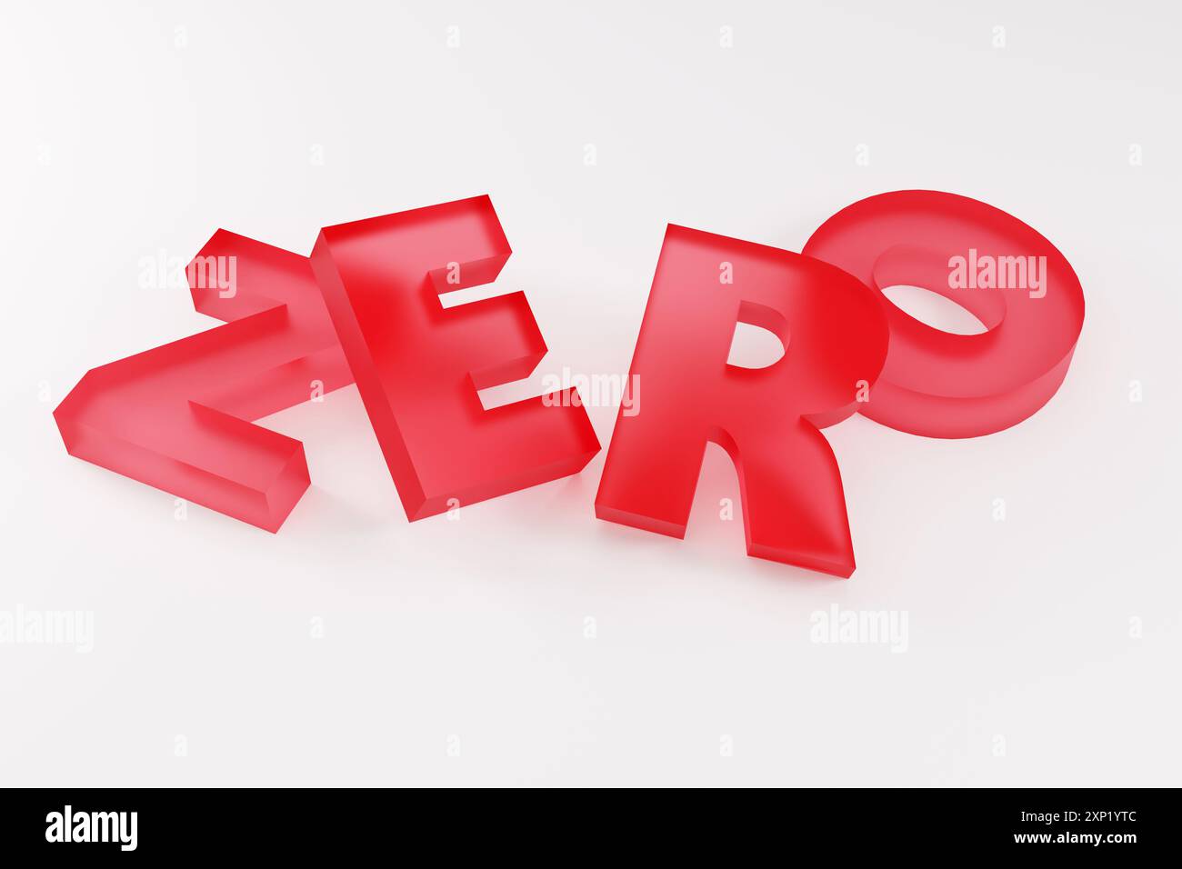Luxury red glass inscription zero on grey podium, soft light, front view smooth background, 3d rendering Stock Photo