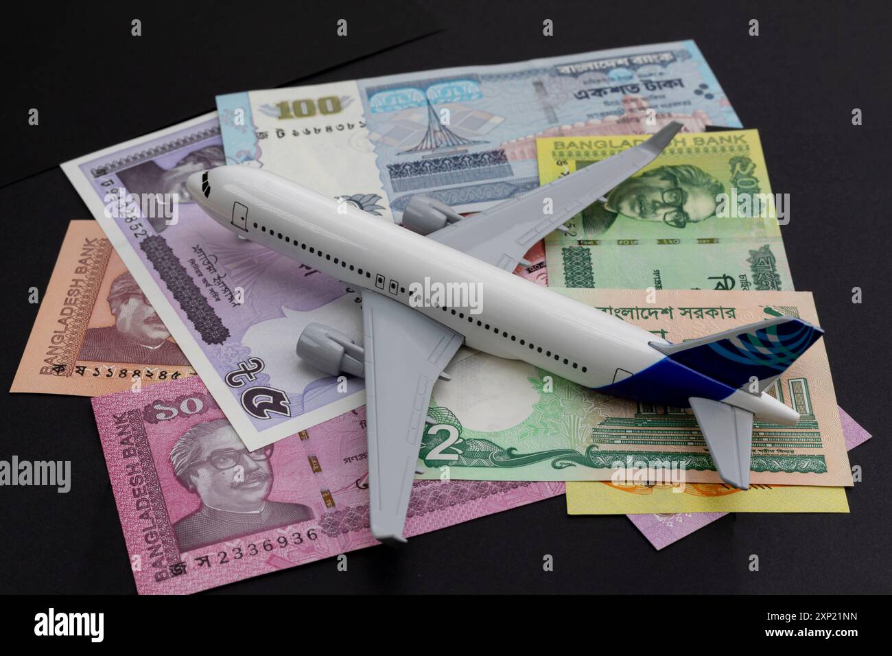 Model Airplane on Bangladeshi Currency Notes Stock Photo