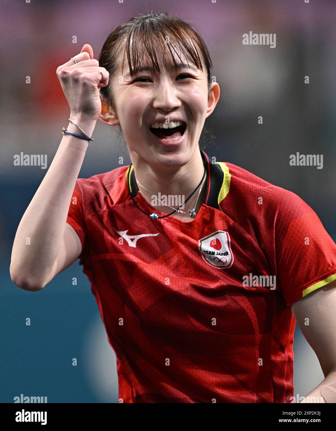 HAYATA Hina of Japan reacts during a women's table tennis singles ...