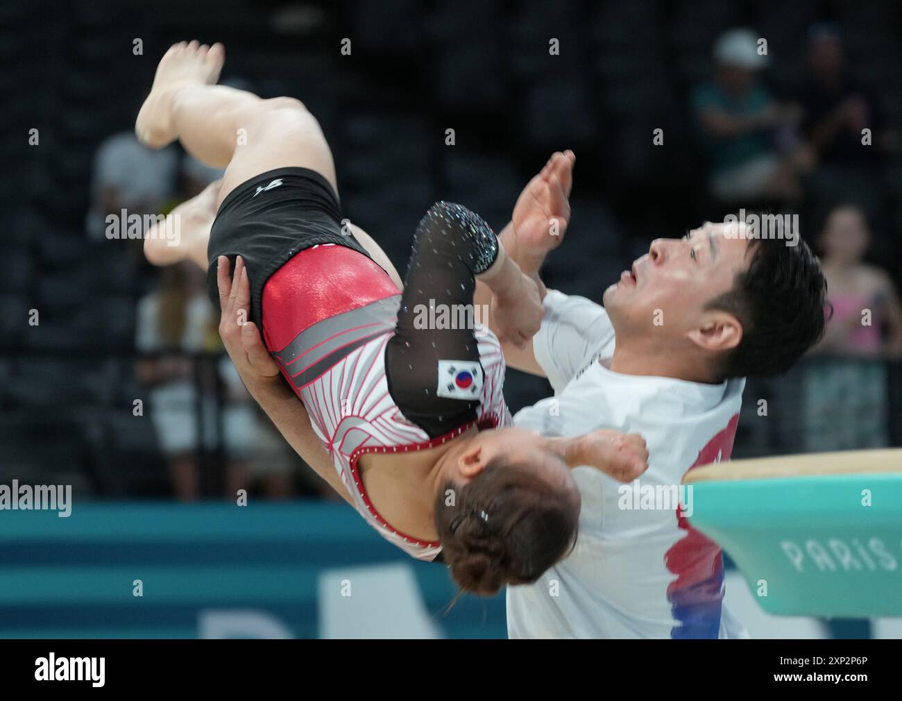 Paris, France. 03rd Aug, 2024. A coach catches Seojeong Yeo of Republic