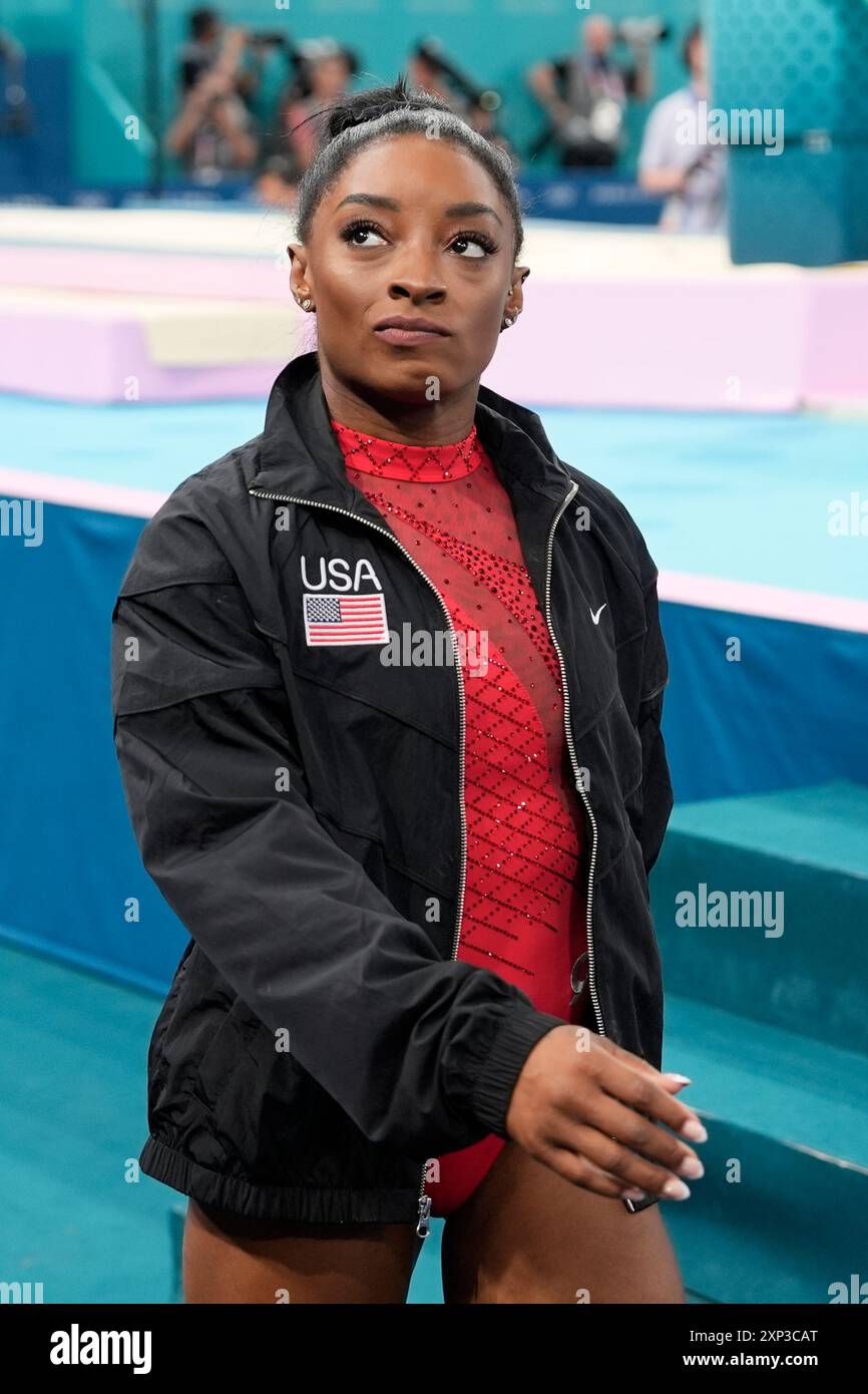 Simone Biles, of the United States, arrives during the women's artistic ...