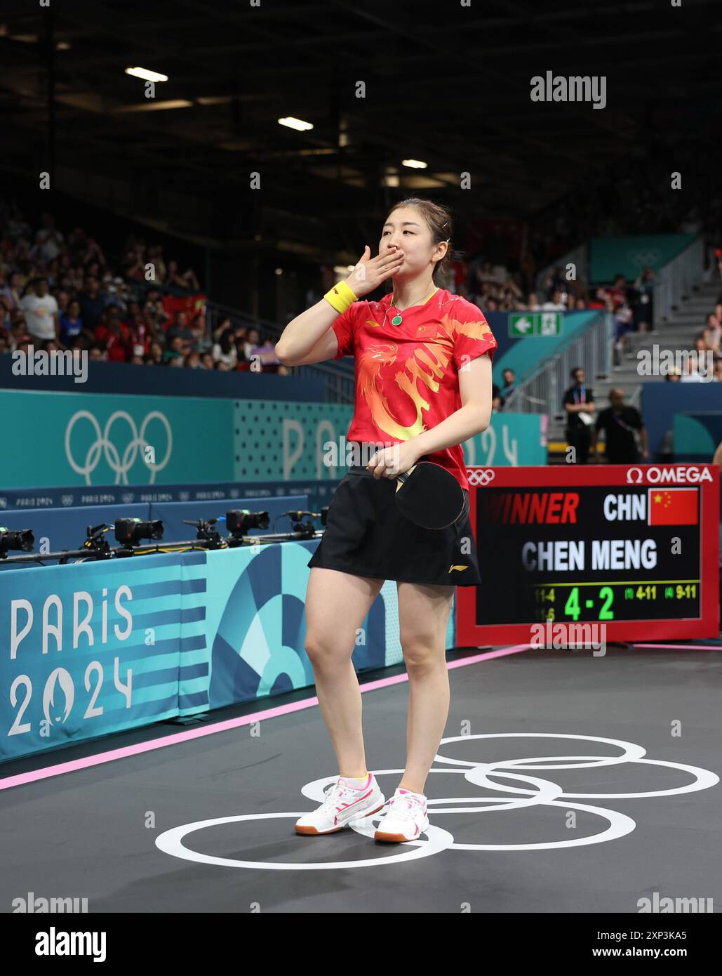 Paris, France. 3rd Aug, 2024. Chen Meng of China celebrates after the ...