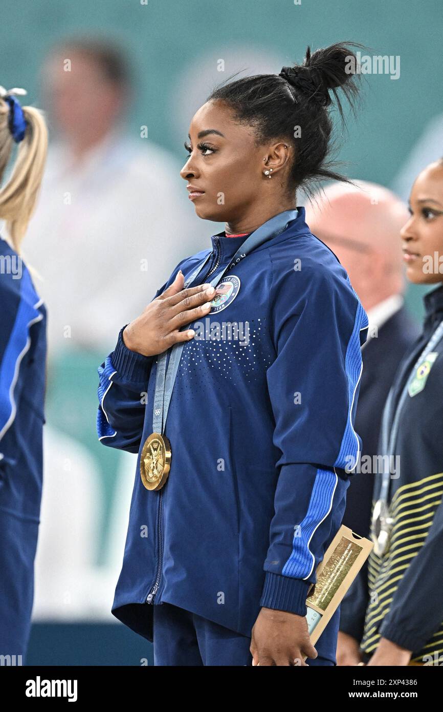Paris, France. 03rd Aug, 2024. Gold medalist Simone Biles of Team USA ...