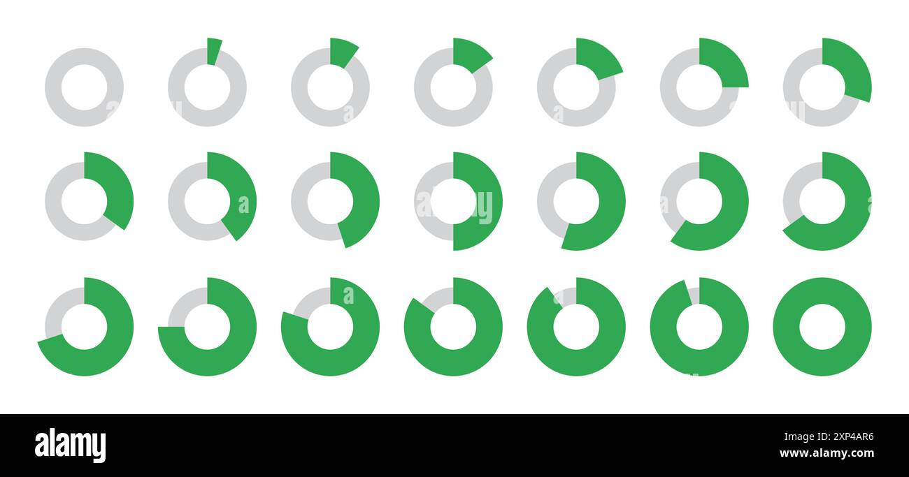 0 to 100 Infographic divided circles set in green and grey color in thin and thick circles new style with 5, 10, 15, 20, 50, 70, 90, 100 percent. Stock Vector