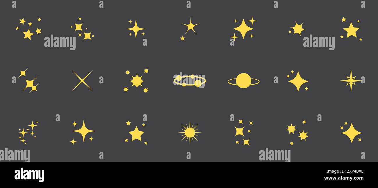 Sparkles or shine vector huge set of different stars in yellow color on black background. Sparkle star icons. Shine icon. Stars sparkle doodles vector. Stock Vector