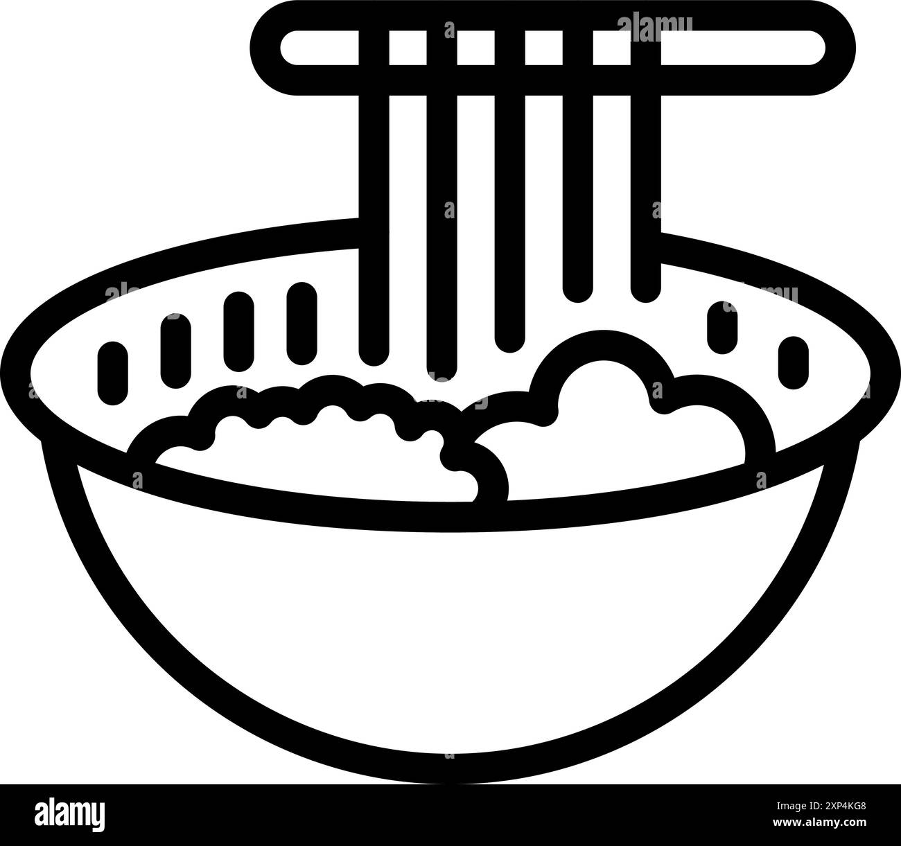 Line art icon of a bowl of noodles being drained with chopsticks Stock Vector